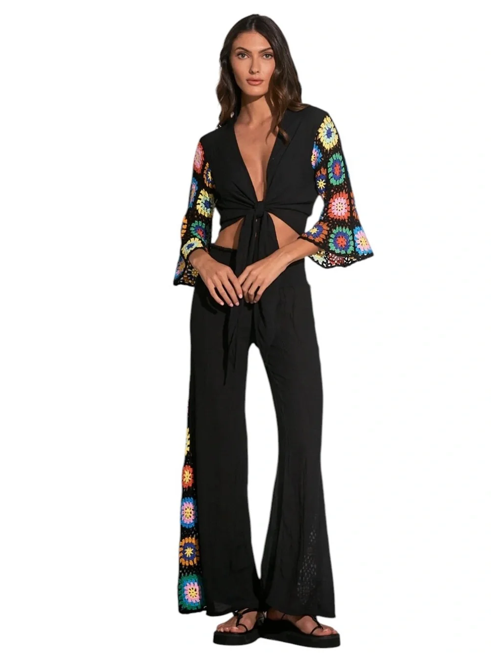 Elan Black Wide-Leg Pants with Vibrant Multicolor Crochet Panels NWT - Picture 10 of 11